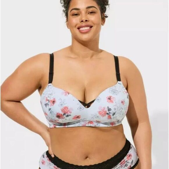 Torrid Dream Wire-Free Boost Push-Up Bra in Frida Floral Pearl Blue Size 42D - Picture 1 of 12